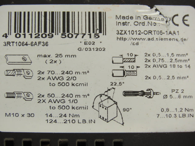 Siemens 3RT1064-6AF36 Sirius Motor Starter Contactor 225A 1000VAC 3 Pole 120V