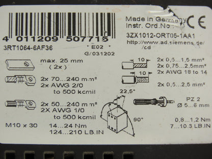 Siemens 3RT1064-6AF36 Sirius Motor Starter Contactor 225A 1000VAC 3 Pole 120V