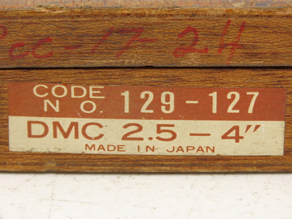 Mitutoyo 129-127 Depth Micrometer 0-4" Range with 4 Rods 2.5" Base DMC 2.5-4"