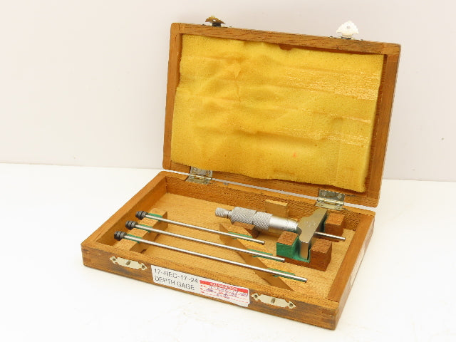 Mitutoyo 129-127 Depth Micrometer 0-4" Range with 4 Rods 2.5" Base DMC 2.5-4"