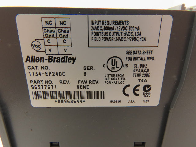 Allen Bradley 1734-AENT Point I/O Ethernet IP  Ser A F/W 2.003 w/1734-EP24DC