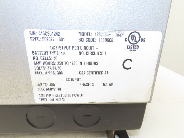 Ametek 1200EC3F Eclipse II Plus Forklift Battery Charger 12/24/36V 1200Ah 480V