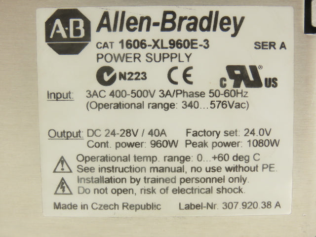 Allen Bradley 1606-XL960E-3 Power Supply 24-28VDC 40A Output 400-500V 3A 3 Phase