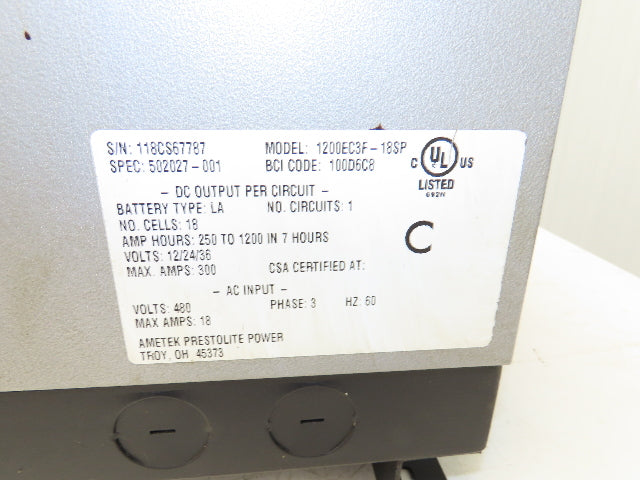 Ametek 1200EC3F Eclipse II Plus Forklift Battery Charger 12/24/36V 1200Ah 480V