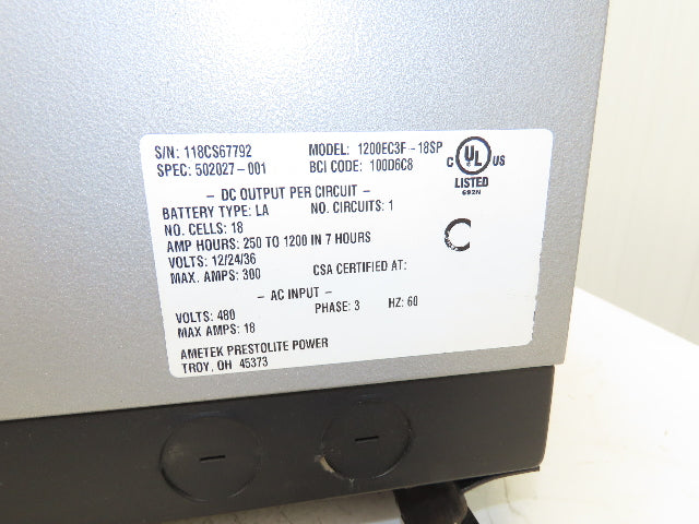 Ametek 1200EC3F Eclipse II Plus Forklift Battery Charger 12/24/36V 1200Ah 480V