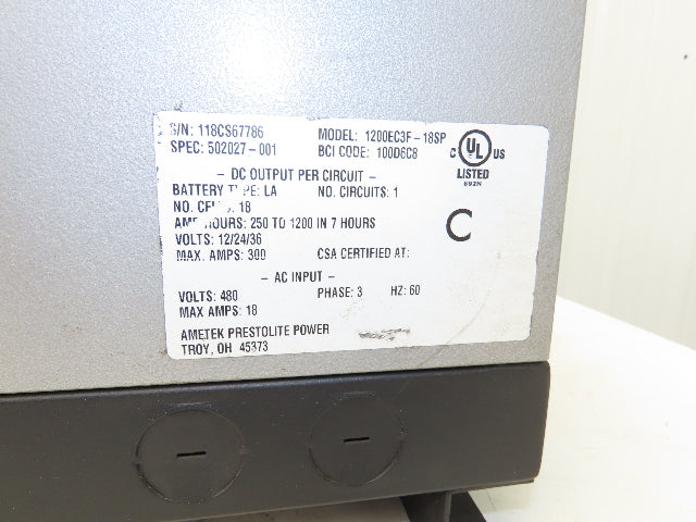 Ametek 1200EC3F Eclipse II Plus Forklift Battery Charger 12/24/36V 1200Ah 480V