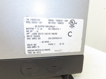 Ametek 1200EC3F Eclipse II Plus Forklift Battery Charger 12/24/36V 1200Ah 480V