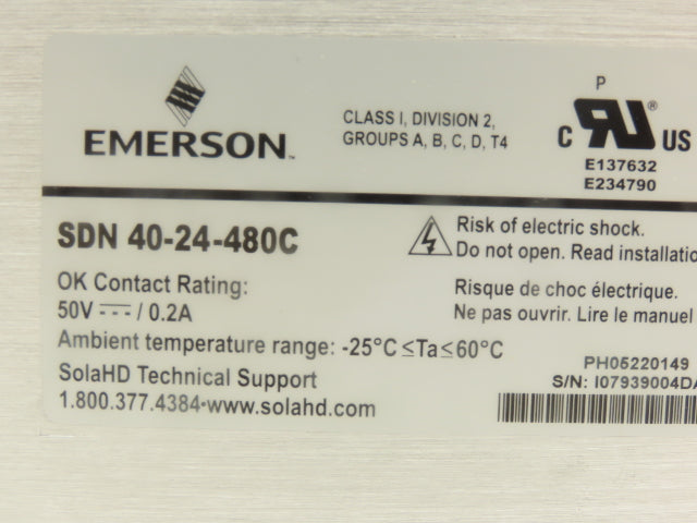 Emerson SDN 40-24-480C Sola PLC DIN Rail Power Supply 480V 24V 40A