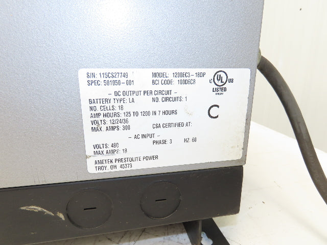 Ametek 1200EC3 Eclipse II Plus Forklift Battery Charger 12/24/36V 1200Ah 480V