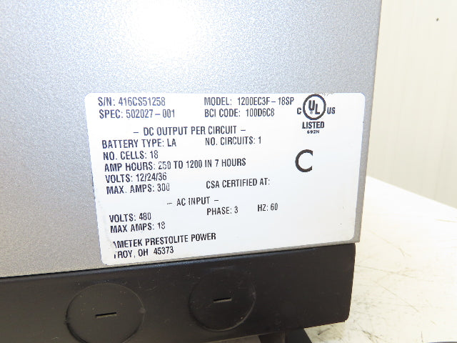 Ametek 1200EC3F Eclipse II Plus Forklift Battery Charger 12/24/36V 1200Ah 480V