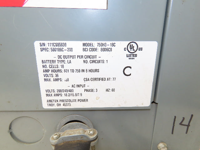 Ametek 750H3-18C Battery Mate Charger Forklift 36V 18 Cell 750Ah 240/480V 3Ph