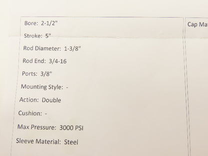 Rexroth R978047766 Hydraulic Cylinder 2.5" Bore 5" Stroke 3000 PSI