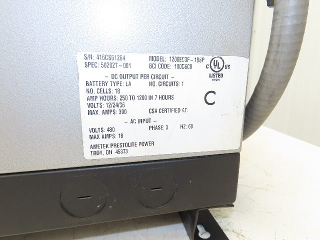 Ametek 1200EC3F Eclipse II Plus Forklift Battery Charger 12/24/36V 1200Ah 480V