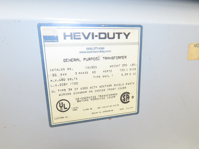 EGS T2H30S Sola Hevi-Duty Power Transformer 30kva 3Ph HV 480 Delta LV 208Y/120