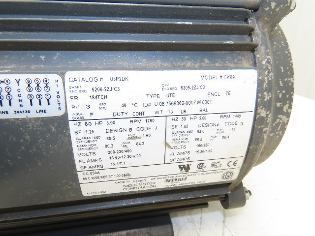 US Motors Nidec Electric Motor 5Hp 1760RPM 230/460V 3Ph 184TCH Frame Short Shaft