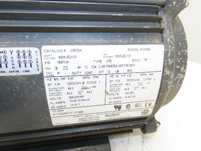 US Motors Nidec Electric Motor 5Hp 1760RPM 230/460V 3Ph 184TCH Frame Short Shaft