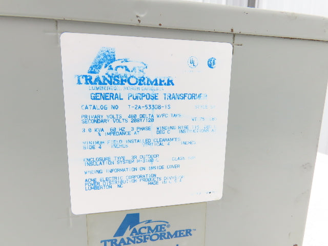 Acme T-2A-53308-1S Stepdown Transformer 3KVA 3Ph HV 480D LV 208Y/120 Shielded