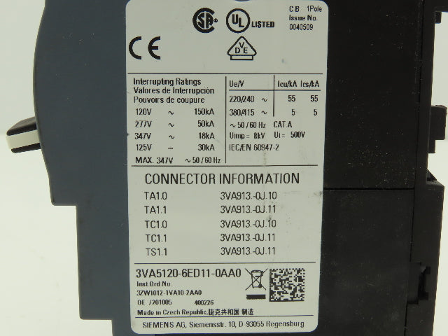 Siemens 3VA5120-6ED11-0AA0 Circuit Breaker 20A 1 Pole 500V 125H