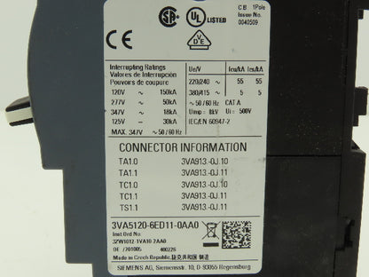 Siemens 3VA5120-6ED11-0AA0 Circuit Breaker 20A 1 Pole 500V 125H