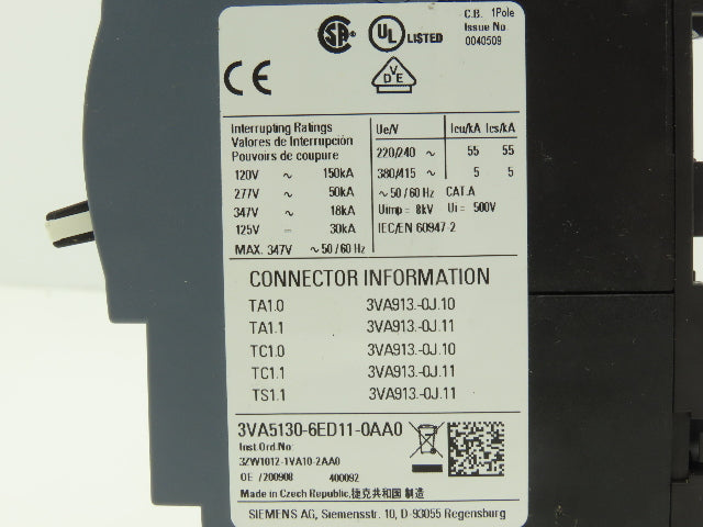 Siemens 3VA5130-6ED11-0AA0 Circuit Breaker 30A 1 Pole 500V 125H