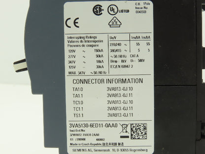 Siemens 3VA5130-6ED11-0AA0 Circuit Breaker 30A 1 Pole 500V 125H