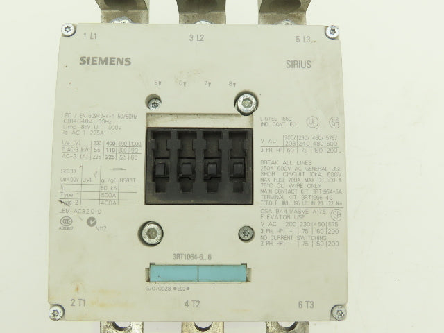 Siemens 3RT1064-6AF36 Sirius Motor Starter Contactor 225A 1000VAC 3 Pole 120V
