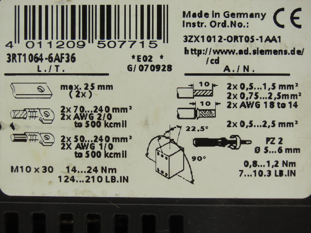Siemens 3RT1064-6AF36 Sirius Motor Starter Contactor 225A 1000VAC 3 Pole 120V