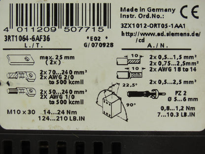 Siemens 3RT1064-6AF36 Sirius Motor Starter Contactor 225A 1000VAC 3 Pole 120V