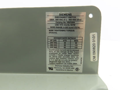 Siemens VBFS364 Panel Mounted Safety Disconnect Fused 200A 3 Pole 600VAC 125HP