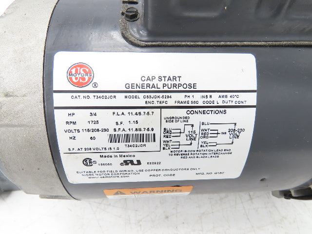 US Motors T34C2JCR Gearmotor .75Hp 115/230V 1PH 60:1 Reducer 29rpm F718-60-B5-6