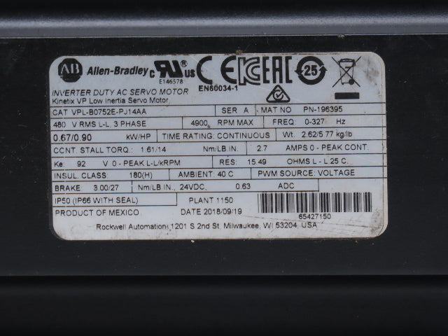 Allen Bradley VPL-B0752E-PJ14AA Inverter Duty AC Servo Motor 480V 3 Ph 4900 RPM