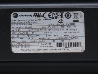 Allen Bradley VPL-B0752E-PJ14AA Inverter Duty AC Servo Motor 480V 3 Ph 4900 RPM