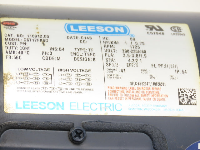 Leeson C6T17FK6G AC Motor 1Hp 1725 RPM 230/460V 3PH 56C 110912.00