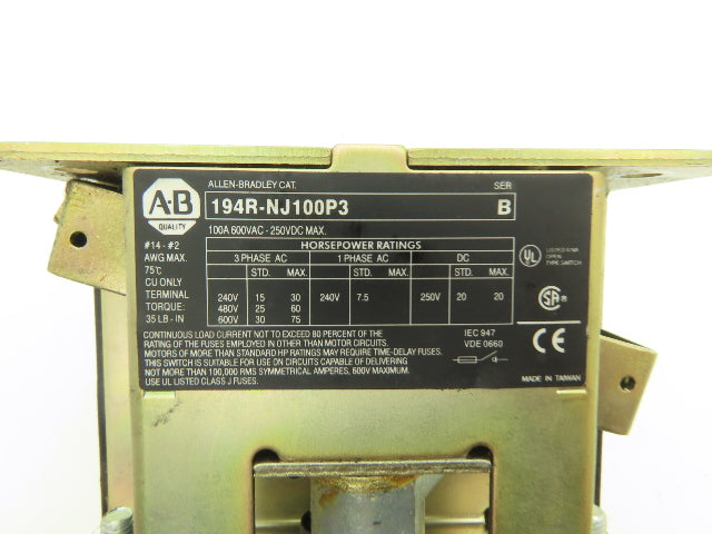 Allen Bradley 194R-NJ100P3 Fusible Disconnect Switch 100A 600V 3 Pole 3PH