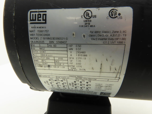 WEG Z.5018NS3E090321-S Safe Area AC Motor 1Hp 1765RPM 230/460V 3Ph 56 Frame TENV