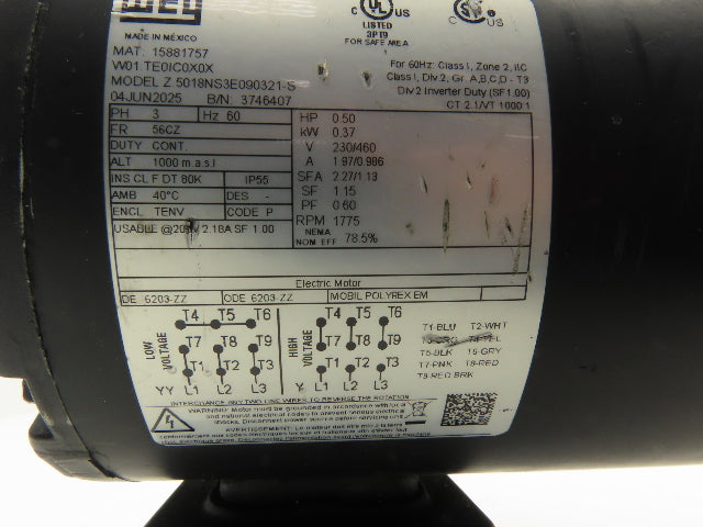 WEG Z.5018NS3E090321-S Safe Area AC Motor 1Hp 1765RPM 230/460V 3Ph 56 Frame TENV