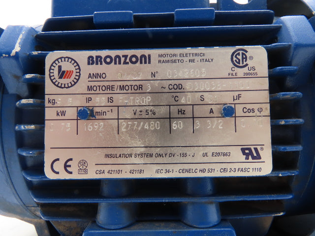 Bronzoni D3003B-1100 AC Motor 1 Hp 0.75 kW 1692RPM 277/480V 3Ph IEC 80 Frame