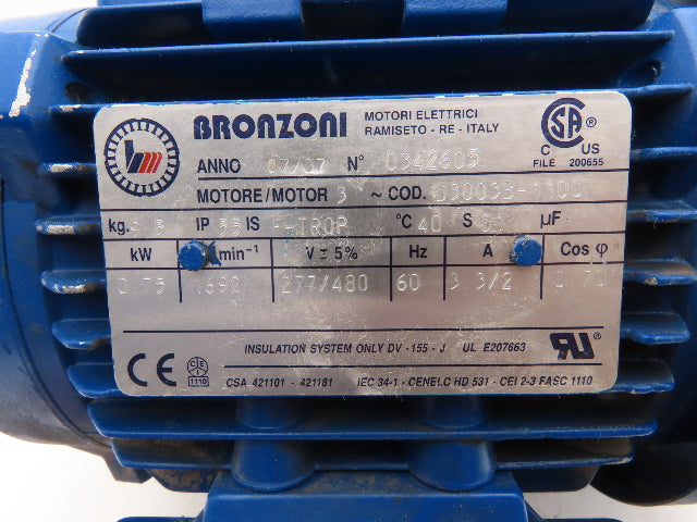 Bronzoni D3003B-1100 AC Motor 1 Hp 0.75 kW 1692RPM 277/480V 3Ph IEC 80 Frame