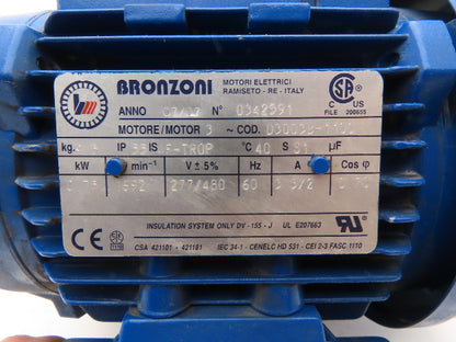 Bronzoni D3003B-1100 AC Motor 1 Hp 0.75 kW 1692RPM 277/480V 3Ph IEC 80 Frame
