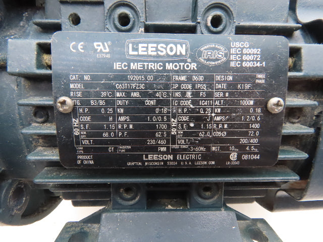 Leeson C63T17FZ3C AC Motor 0.25Hp 1700RPM 230/460V D63D Frame