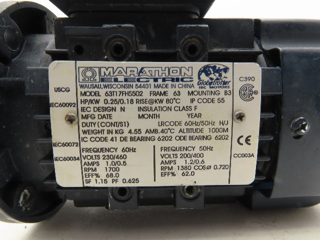 Marathon 63T17FH5502 AC Motor 0.25Hp 0.18kW 1700RPM 230/460V 3Ph IEC 63 Frame