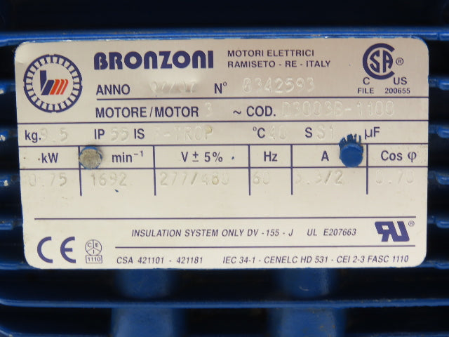 Bronzoni D3003B-1100 AC Motor 1 Hp 0.75 kW 1692RPM 277/480V 3Ph IEC 80 Frame