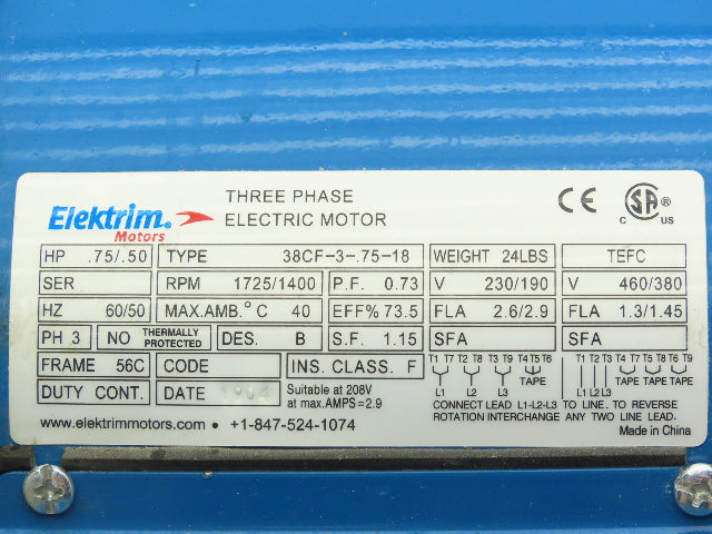Elektrim Motors 38CF-3-.75-18 AC Motor .75Hp 1725RPM 230/460VAC 3Ph 56C TEFC