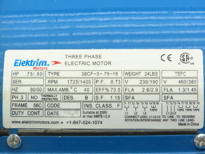 Elektrim Motors 38CF-3-.75-18 AC Motor .75Hp 1725RPM 230/460VAC 3Ph 56C TEFC