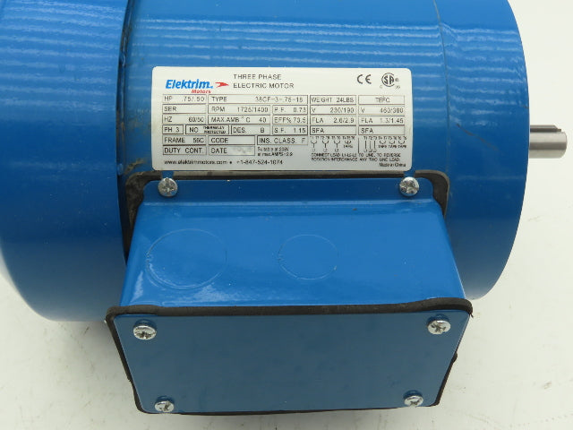 Elektrim Motors 38CF-3-.75-18 AC Motor .75Hp 1725RPM 230/460VAC 3Ph 56C TEFC