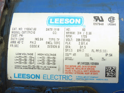 Leeson C6T17FC1G AC Motor 3/4Hp 1725RPM 208-230/460 3Ph 56C TEFC