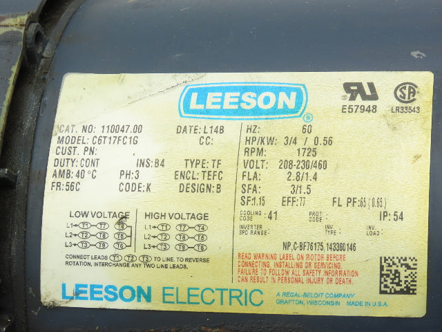 Leeson C6T17FC1G AC Motor 3/4Hp 1725RPM 208-230/460 3Ph 56C TEFC