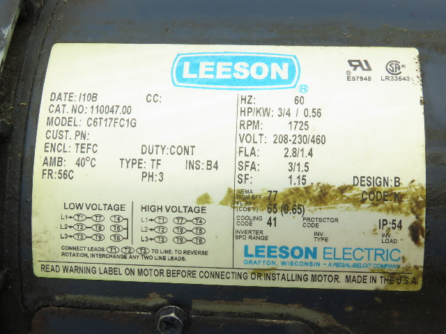 Leeson C6T17FC1G AC Motor 3/4Hp 1725RPM 208-230/460 3Ph 56C TEFC