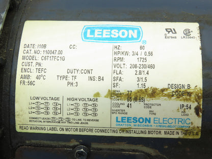 Leeson C6T17FC1G AC Motor 3/4Hp 1725RPM 208-230/460 3Ph 56C TEFC