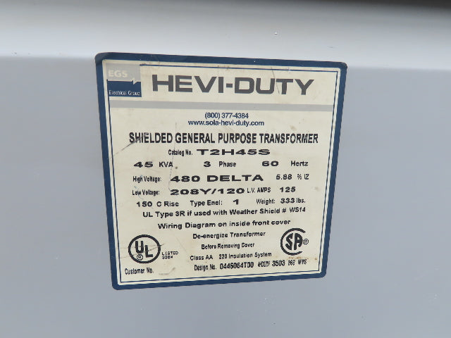 EGS Hevi-Duty T2H45S Stepdown Power Transformer 45KVA 3Ph HV 480 LV 208Y/120